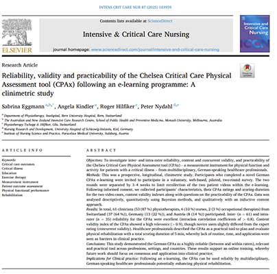Reliability, validity and practicability of the Chelsea Critical Care Physical Assessment tool (CPAx) following an e-learning programme: A clinimetric study